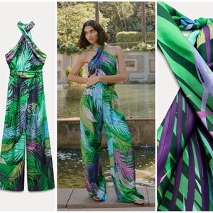 Zara Tropical Palm Print Halter Wide Leg Jumpsuit Resort Vacation NWT L